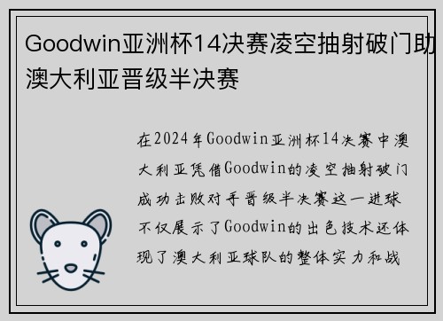 Goodwin亚洲杯14决赛凌空抽射破门助澳大利亚晋级半决赛
